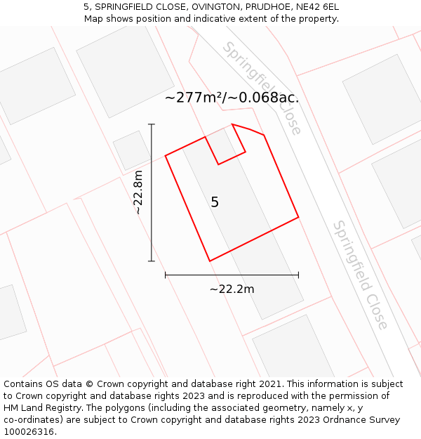 5, SPRINGFIELD CLOSE, OVINGTON, PRUDHOE, NE42 6EL: Plot and title map