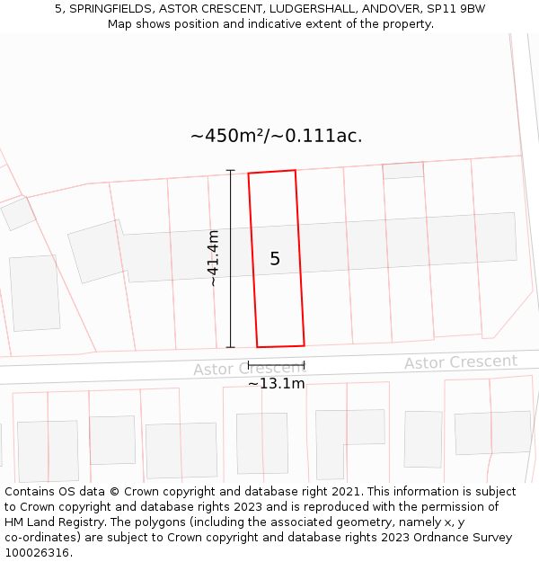 5, SPRINGFIELDS, ASTOR CRESCENT, LUDGERSHALL, ANDOVER, SP11 9BW: Plot and title map