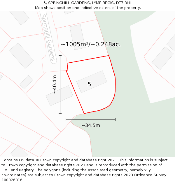 5, SPRINGHILL GARDENS, LYME REGIS, DT7 3HL: Plot and title map