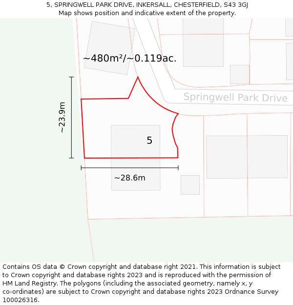 5, SPRINGWELL PARK DRIVE, INKERSALL, CHESTERFIELD, S43 3GJ: Plot and title map