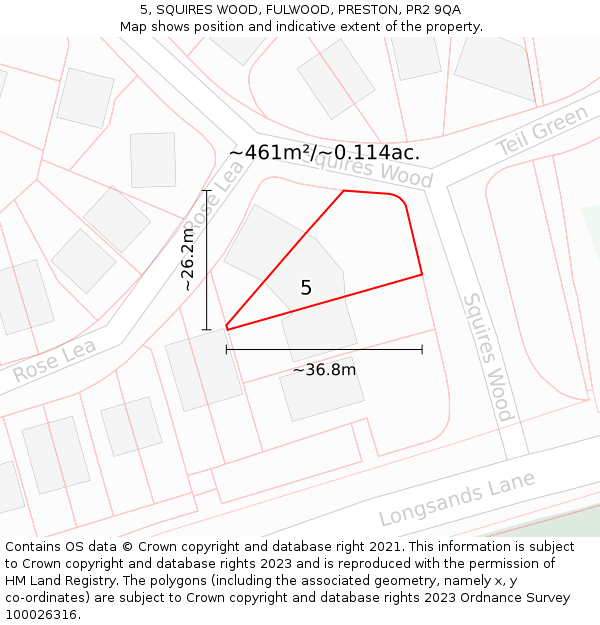 5, SQUIRES WOOD, FULWOOD, PRESTON, PR2 9QA: Plot and title map