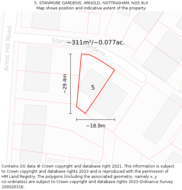 5, STANMORE GARDENS, ARNOLD, NOTTINGHAM, NG5 6LX: Plot and title map