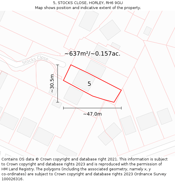 5, STOCKS CLOSE, HORLEY, RH6 9GU: Plot and title map