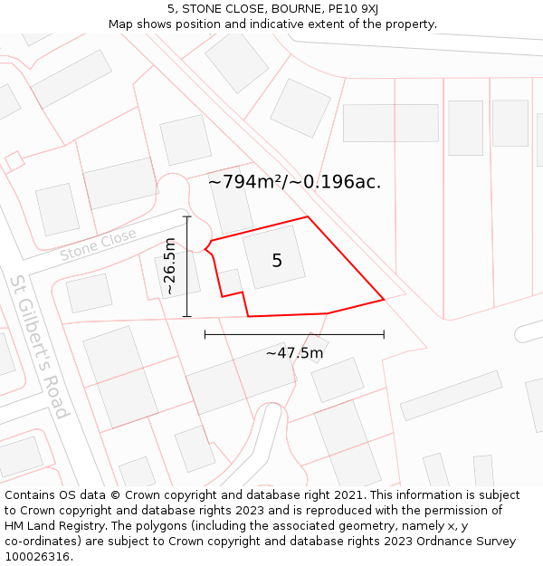 5, STONE CLOSE, BOURNE, PE10 9XJ: Plot and title map