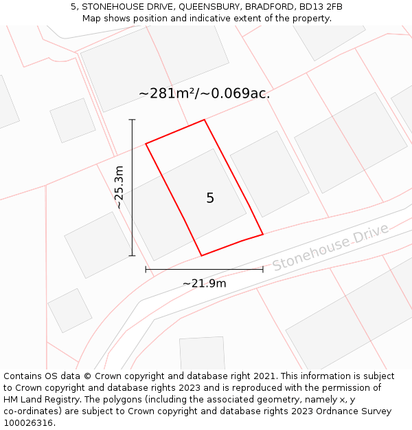 5, STONEHOUSE DRIVE, QUEENSBURY, BRADFORD, BD13 2FB: Plot and title map