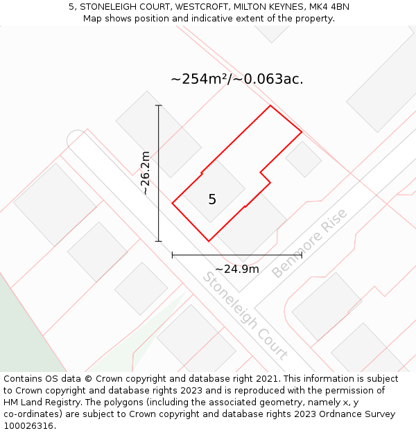 5, STONELEIGH COURT, WESTCROFT, MILTON KEYNES, MK4 4BN: Plot and title map