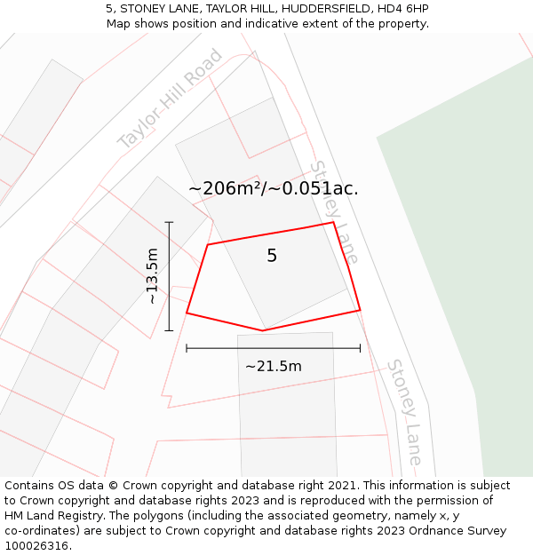 5, STONEY LANE, TAYLOR HILL, HUDDERSFIELD, HD4 6HP: Plot and title map