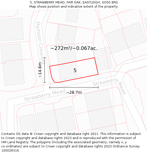 5, STRAWBERRY MEAD, FAIR OAK, EASTLEIGH, SO50 8RQ: Plot and title map