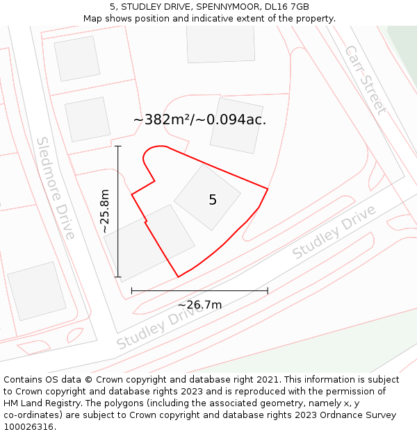 5, STUDLEY DRIVE, SPENNYMOOR, DL16 7GB: Plot and title map