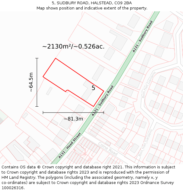 5, SUDBURY ROAD, HALSTEAD, CO9 2BA: Plot and title map