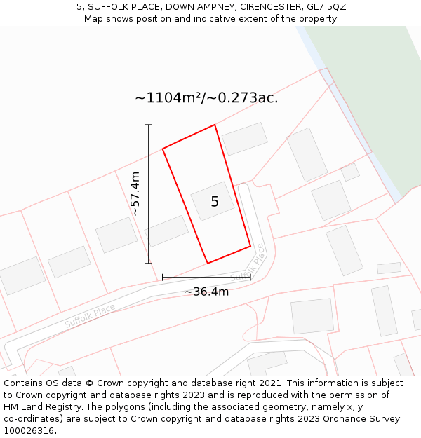 5, SUFFOLK PLACE, DOWN AMPNEY, CIRENCESTER, GL7 5QZ: Plot and title map