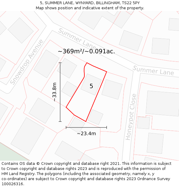 5, SUMMER LANE, WYNYARD, BILLINGHAM, TS22 5PY: Plot and title map