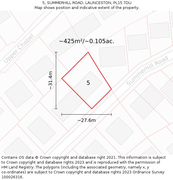 5, SUMMERHILL ROAD, LAUNCESTON, PL15 7DU: Plot and title map