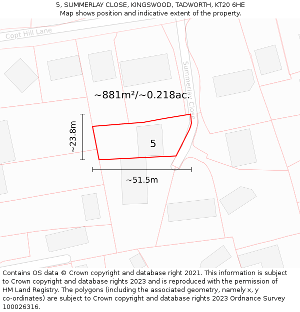 5, SUMMERLAY CLOSE, KINGSWOOD, TADWORTH, KT20 6HE: Plot and title map