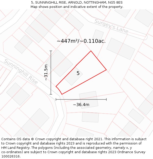 5, SUNNINGHILL RISE, ARNOLD, NOTTINGHAM, NG5 8ES: Plot and title map