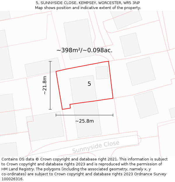5, SUNNYSIDE CLOSE, KEMPSEY, WORCESTER, WR5 3NP: Plot and title map