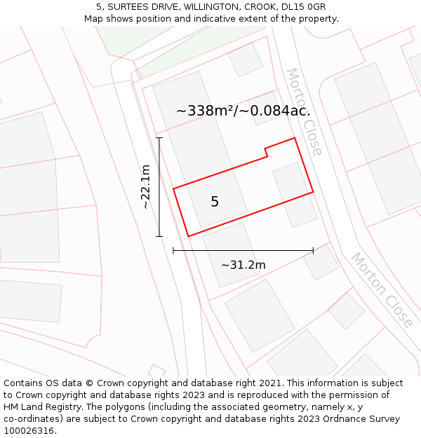 5, SURTEES DRIVE, WILLINGTON, CROOK, DL15 0GR: Plot and title map