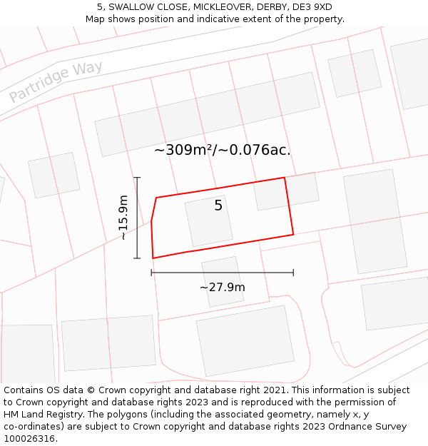 5, SWALLOW CLOSE, MICKLEOVER, DERBY, DE3 9XD: Plot and title map