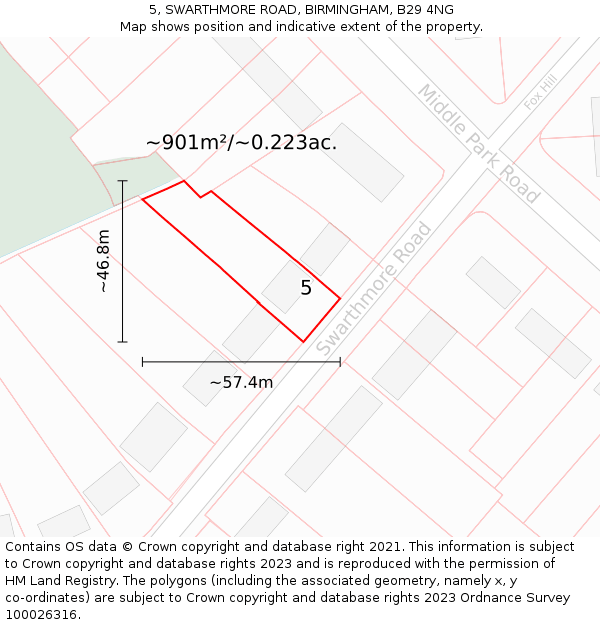 5, SWARTHMORE ROAD, BIRMINGHAM, B29 4NG: Plot and title map