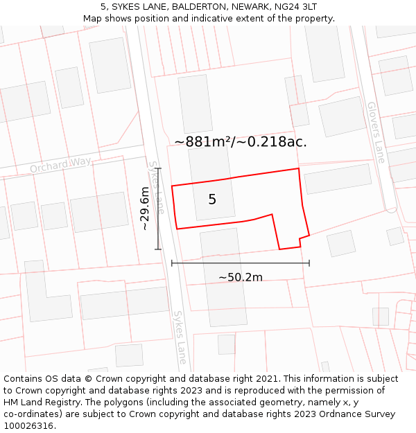 5, SYKES LANE, BALDERTON, NEWARK, NG24 3LT: Plot and title map