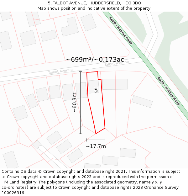 5, TALBOT AVENUE, HUDDERSFIELD, HD3 3BQ: Plot and title map