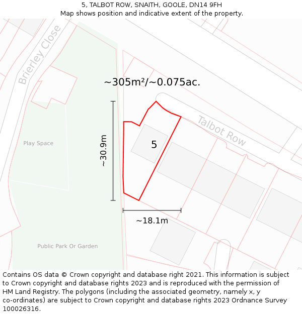 5, TALBOT ROW, SNAITH, GOOLE, DN14 9FH: Plot and title map