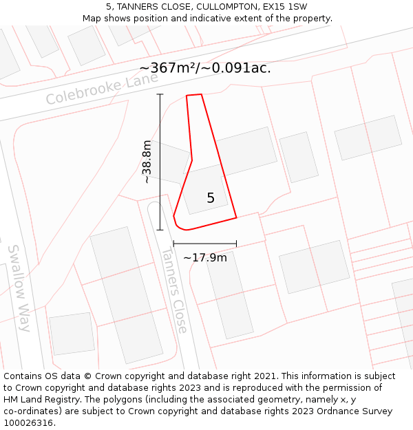 5, TANNERS CLOSE, CULLOMPTON, EX15 1SW: Plot and title map