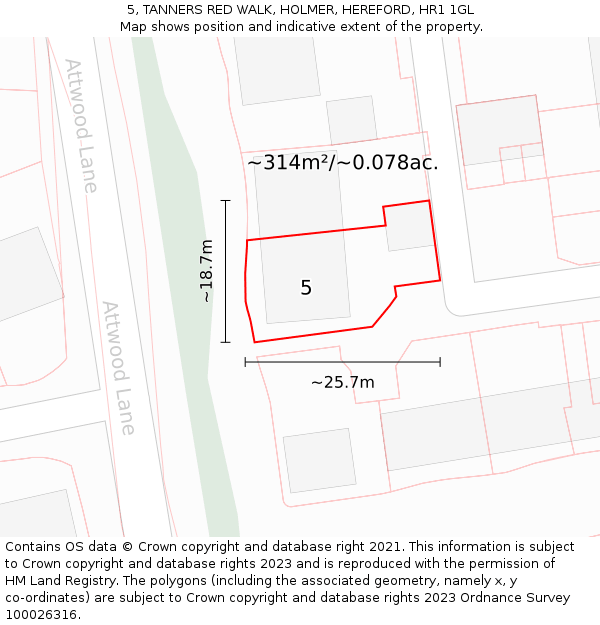 5, TANNERS RED WALK, HOLMER, HEREFORD, HR1 1GL: Plot and title map