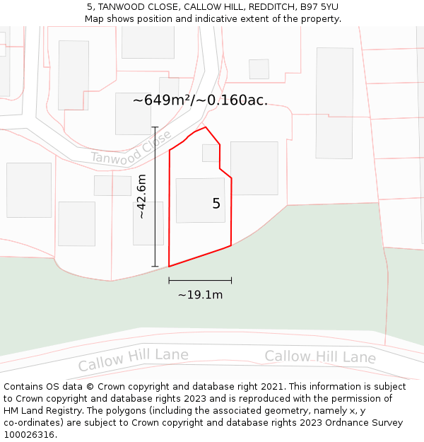 5, TANWOOD CLOSE, CALLOW HILL, REDDITCH, B97 5YU: Plot and title map