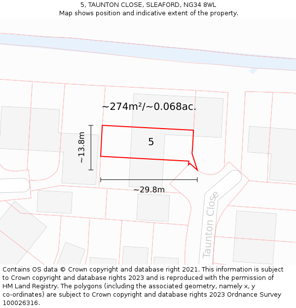 5, TAUNTON CLOSE, SLEAFORD, NG34 8WL: Plot and title map