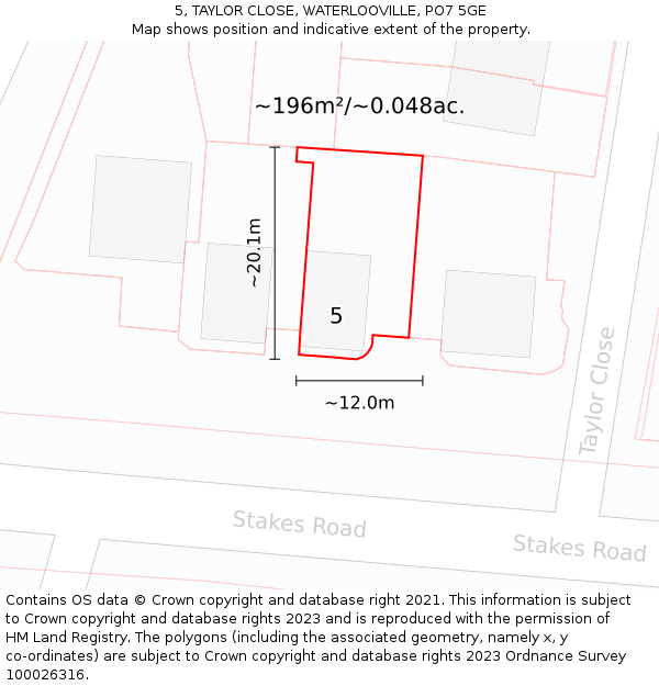 5, TAYLOR CLOSE, WATERLOOVILLE, PO7 5GE: Plot and title map