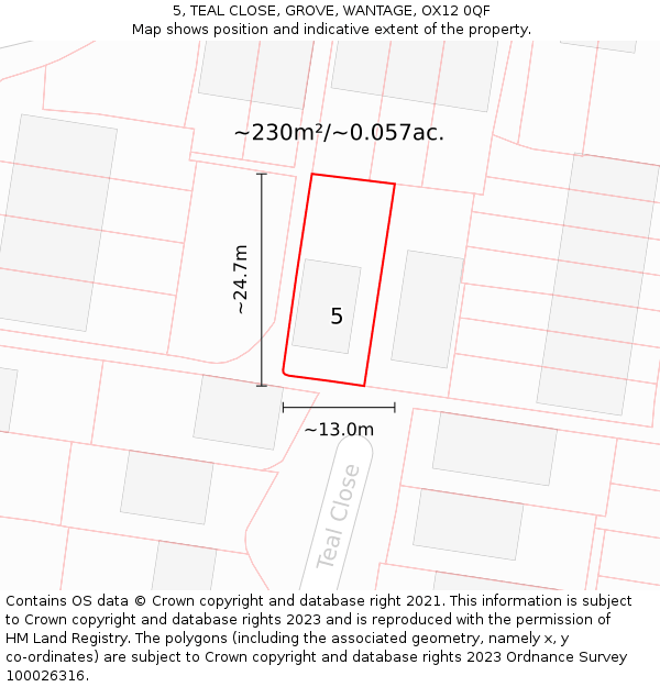 5, TEAL CLOSE, GROVE, WANTAGE, OX12 0QF: Plot and title map