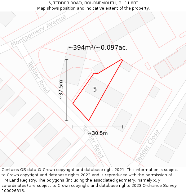 5, TEDDER ROAD, BOURNEMOUTH, BH11 8BT: Plot and title map