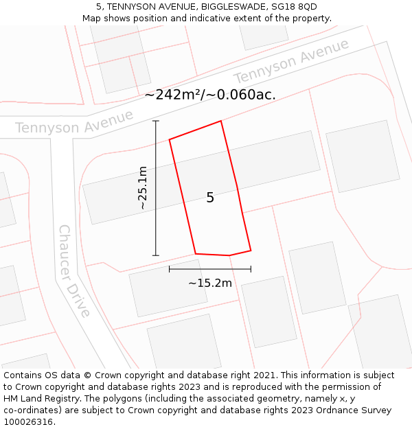 5, TENNYSON AVENUE, BIGGLESWADE, SG18 8QD: Plot and title map