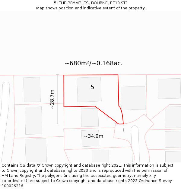 5, THE BRAMBLES, BOURNE, PE10 9TF: Plot and title map