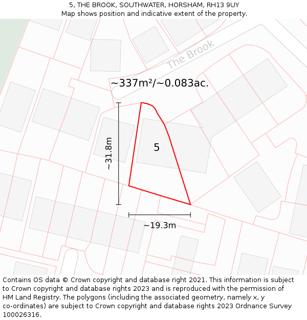5, THE BROOK, SOUTHWATER, HORSHAM, RH13 9UY: Plot and title map