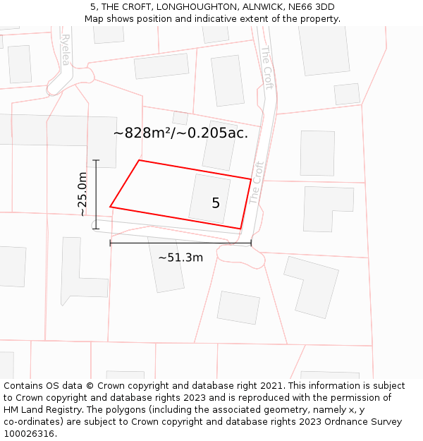 5, THE CROFT, LONGHOUGHTON, ALNWICK, NE66 3DD: Plot and title map