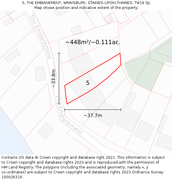 5, THE EMBANKMENT, WRAYSBURY, STAINES-UPON-THAMES, TW19 5JL: Plot and title map