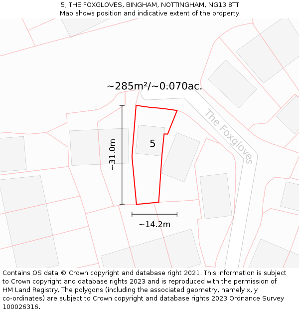 5, THE FOXGLOVES, BINGHAM, NOTTINGHAM, NG13 8TT: Plot and title map