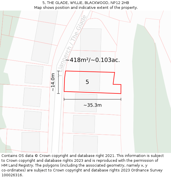 5, THE GLADE, WYLLIE, BLACKWOOD, NP12 2HB: Plot and title map