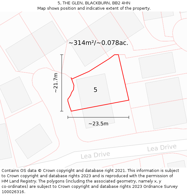 5, THE GLEN, BLACKBURN, BB2 4HN: Plot and title map