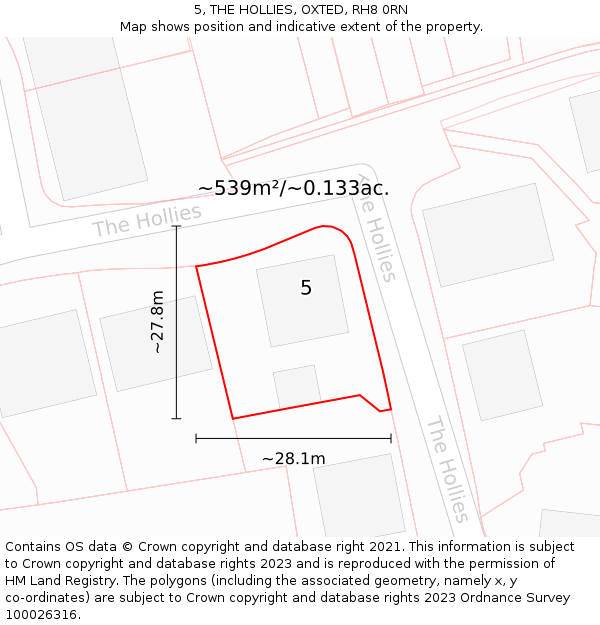 5, THE HOLLIES, OXTED, RH8 0RN: Plot and title map