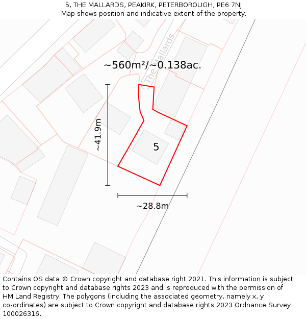 5, THE MALLARDS, PEAKIRK, PETERBOROUGH, PE6 7NJ: Plot and title map