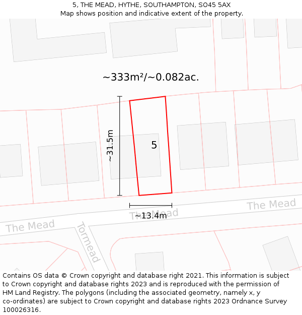 5, THE MEAD, HYTHE, SOUTHAMPTON, SO45 5AX: Plot and title map