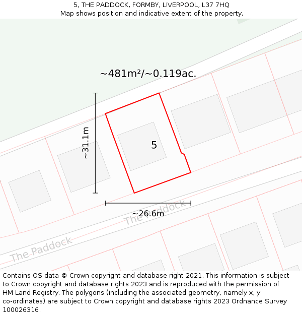 5, THE PADDOCK, FORMBY, LIVERPOOL, L37 7HQ: Plot and title map