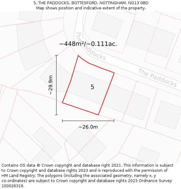5, THE PADDOCKS, BOTTESFORD, NOTTINGHAM, NG13 0BD: Plot and title map