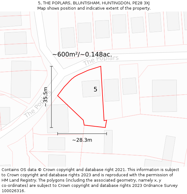 5, THE POPLARS, BLUNTISHAM, HUNTINGDON, PE28 3XJ: Plot and title map