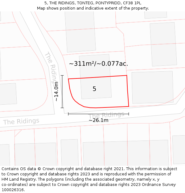 5, THE RIDINGS, TONTEG, PONTYPRIDD, CF38 1PL: Plot and title map