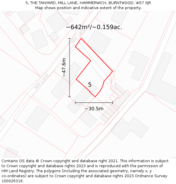 5, THE TANYARD, MILL LANE, HAMMERWICH, BURNTWOOD, WS7 0JR: Plot and title map