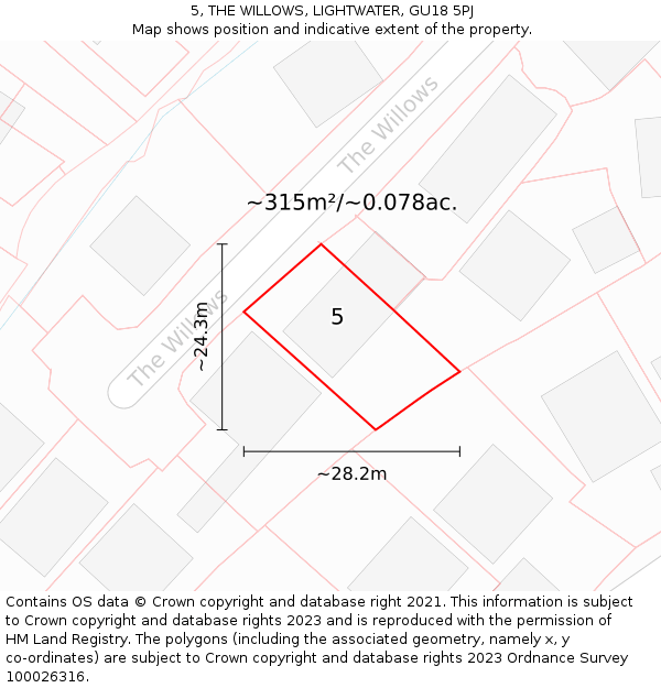 5, THE WILLOWS, LIGHTWATER, GU18 5PJ: Plot and title map